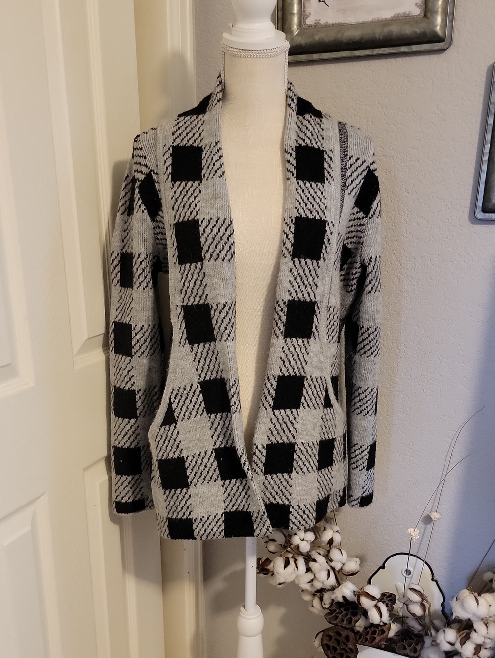 Verve Ami Black and Gray Plaid Open Cardigan